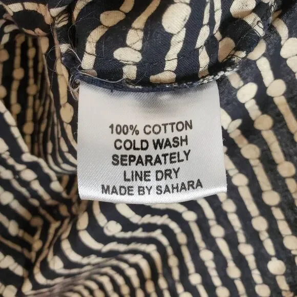 Marketplace Handwork of India Button-up Cotton Printed Shirt Blouse Black Tan 1W - Picture 8 of 12